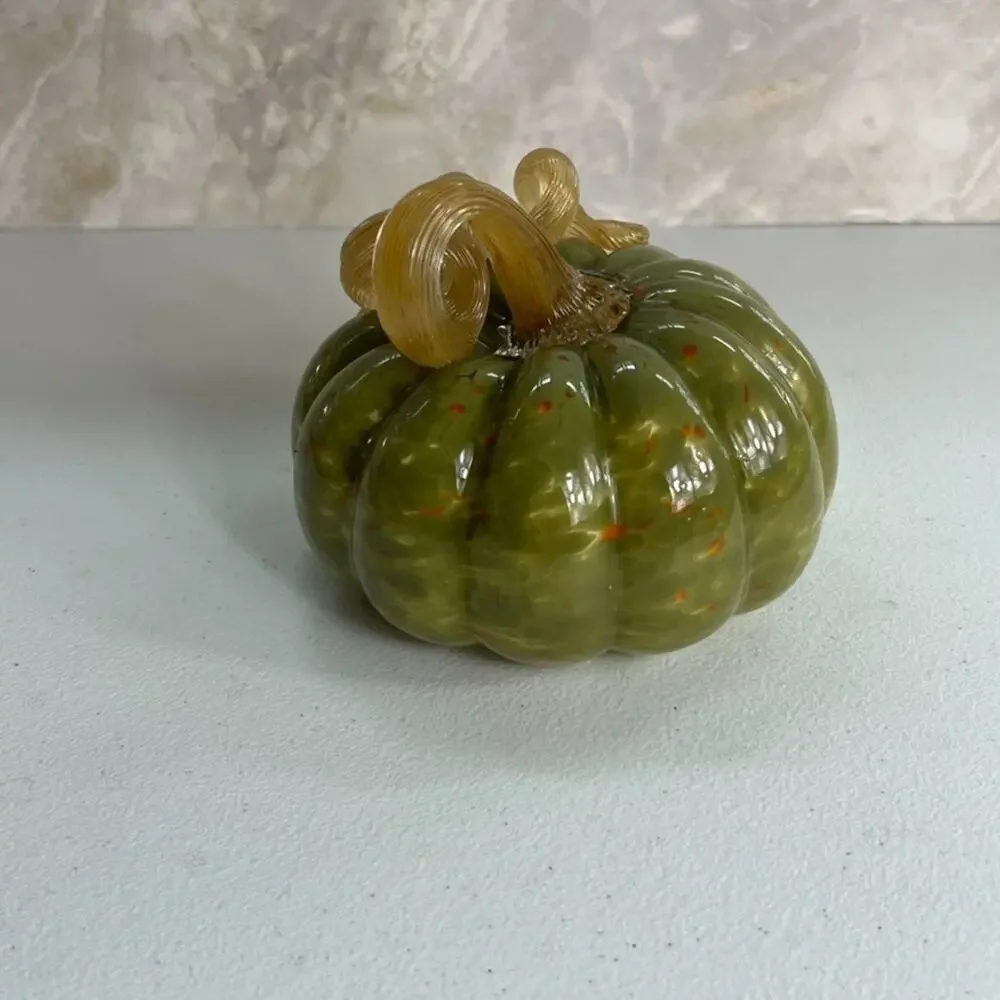Hand Blown Art Glass Pumpkin Twist Stem Orange & Green 5